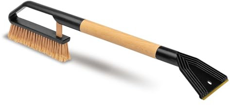 ToM PaR Bürste und Schaber | 2-in-1 Schneebürste und Eiskratzer | 50% Naturborsten | Holz Griff | Klinge aus Messing | Kratzer für dünnes | Kältebeständiger Kunststoff | Länge: 70 cm