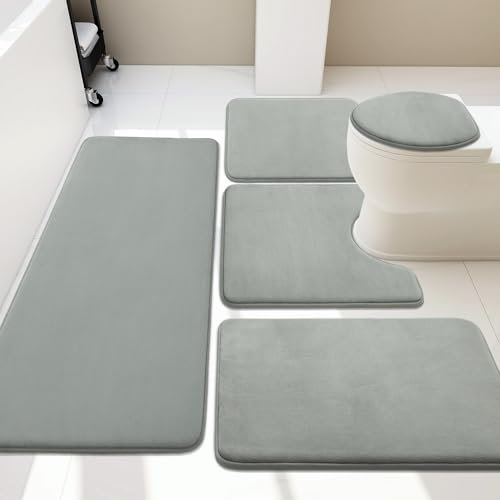 chakme Badezimmerteppich Set 5 Teilig, Weiche Memory-Schaum Badematte und U Förmige wc Vorleger, Badteppich rutschfest Waschbar Badvorleger Set Grau