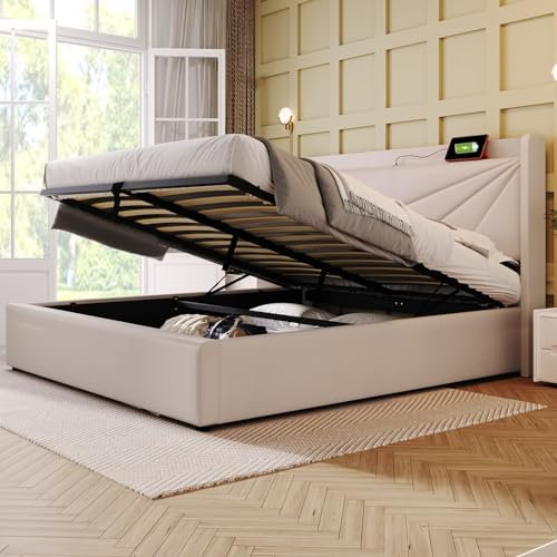 Daesar Jugendbett 140x200 mit Bettkasten, Doppelbett Polsterbett mit USB Typ C Ladefunktion Kopfteil, Stauraumbetten Bettgestell aus Leinenmaterial mit Lattenrost(ohne Matratze)