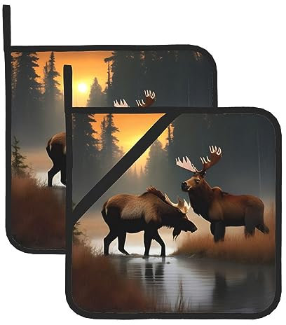 Topflappen mit Hirschbär-Elch-Aufdruck, Topflappen für Küche, heiße Pads, hitzebeständiger Topflappen, zum Kochen und Backen