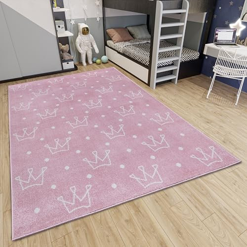 Hanse Home Adventures Kinderteppich - Modernes Kronen Muster Teppich Junge Mädchen für Kinderzimmer, Spielzimmer, Jugendzimmer, Wohnzimmer - Crowns Rosa, 160x235cm