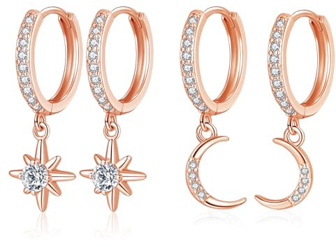 Cangall Ohrringe: Silber 925 Creolen mit Anhänger, 2 Paare mit Mond & Stern Hängend Set, Kleine Schlafen Knorpel Ohrringe Creolen Rose Gold Hängend für Damen Mädchen