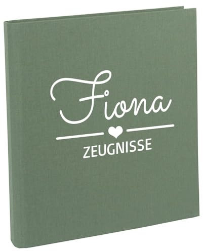 Zeugnismappe mit Namen personalisiert aus Leinen Schulkind Geschenk zur Einschulung Salbei Motiv Herz