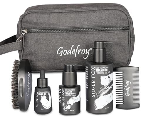 Godefroy Colección completa de cuidado masculino Silver Fox, kit para barba y bigote con bolsa de viaje, regalo para hombre.