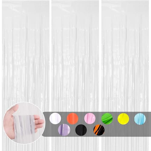 Macaron 3pcs White Tinsel Foil Curtains, 1*2m Pastel Foil Door Curtains with Shimmer Fringe for Birthday, Hen Do, Wedding, Engagement & Bridal Shower Party Decorations