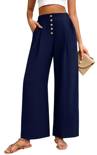 heekpek Womens Wide Leg Trousers Ladies Lightweight Lounge Trousers Button High Waist Summer Palazzo Pants Elasticated Waist Causal Trousers with Pockets, Navy Blue, S
