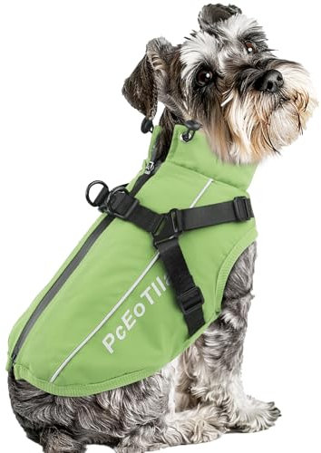 PcEoTllar Hundemantel Wasserdicht für Kleine Hunde, Hundjacke mit Geschirr für Winter, Reflektierend Hundemantel, Warm Hunde Wintermantel, Skifahren Kostüm Baumwolle Hundepullover, Grün-S