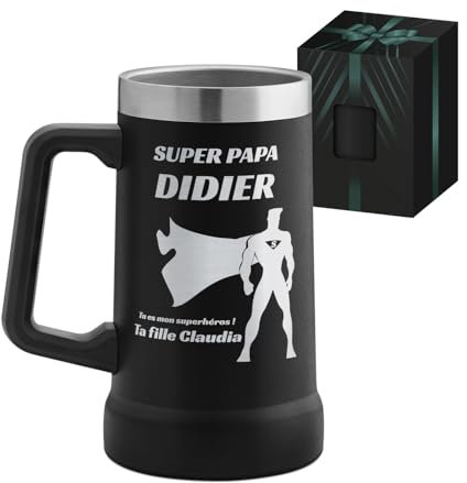 Maverton Mug Isotherme Noir 700 ml - Verre à Bière en Acier Inoxydable avec gravure - Boisson Chaude 6h/Froide 10h - Cadeau Personnalisé pour papa - cadeau fete des peres Super héros