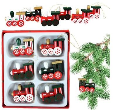 6-teiliges Set Eisenbahn Holzanhänger - Baumschmuck Lokomotiven - Weihnachtsanhänger Christbaumschmuck aus Holz Weihnachten Kinderspielzeug Rot Grün Weihnachten Weihnachtsbaumschmuck Dekoration