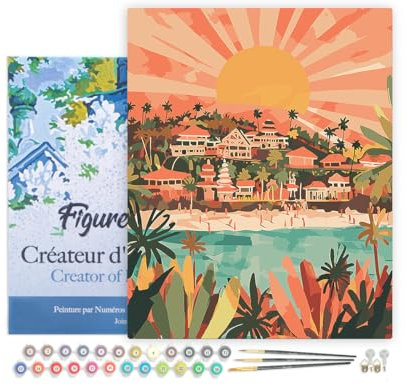Figured'Art Peinture par Numéro Adulte avec Cadre Lever de soleil à Bali - Activité Manuelle Kit de Loisir Créatif DIY Numéro d'Art Complet - 40x50cm toile tendue sur châssis