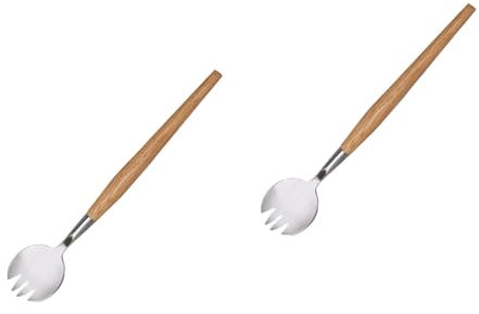 Amosfun 2St Salatgabel aus Edelstahl mit Holzgriff easy putz hochstihl Verkostungsgabeln Besteck Obstlöffel zum Servieren von Speisen multifunktionales Geschirr Bambus Brown