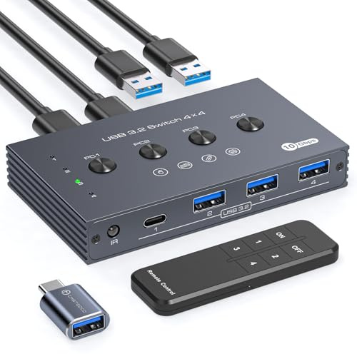 USB 3.2 Switch Selector 4 Computer Share 1 USBC & 3 USBA Devices 10Gbps 4 Port USB Switcher Sharing Keyboard Mouse Printer Scanner with Cable and Remote Control and a dapter