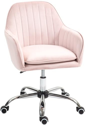 HOMCOM Office Chair, Swivel Desk Chair, Velvet-Feel Fabric Vanity Chair with Adjustable Height and Rolling Wheels for Home Work Study, Pink