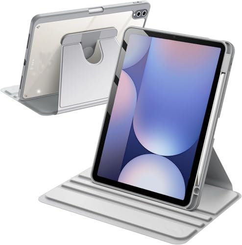 A-BEAUTY Funda Giratoria Compatible con Samsung Galaxy Tab S10+ 2024/Tab S9 FE+/S9+ 2023 12.4 Pulgadas con Soporte para S Pen, Carcasa Respaldo Clara, Auto-Sueño/Estela, Gris