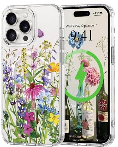 L-FADNUT Magnetisch Handyhülle für iPhone 15 Pro Hülle Kompatibel mit MagSafe, Transparent Blumen Muster Schutzhülle Hart PC Rückseite Dünne Stoßfest Kratzfestes Case für iPhone 15 Pro, Grün