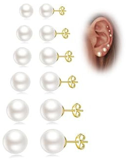 Senteria Gold Stud Earrings for Women Hypoallergenic Small Pearl Stud Earrings Lightweight Shiny Gold Earrings Studs for Women 6 Pairs 3-10MM