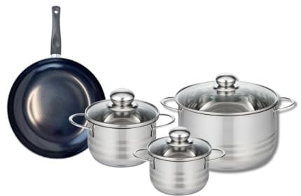 ELO 9714650 Batterie de cuisine 4 pièces, Ensemble de 1 Poêle de cuisson 24 cm et 3 faitouts 14, 16 et 24 cm Elo Prima Brillant, inox, induction