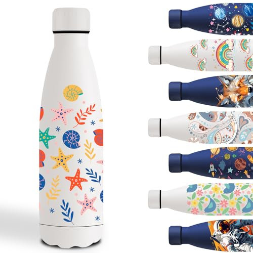 Gourde Isotherme, 500ml Gourde Enfant, Gourde Personnalisée avec Étoile de Mer, Double Paroi Isolante, Bouteille d'eau anti Fuite, Facile à Nettoyer, Thermos pour École, Bureau, Voyage, Sports, Blanc