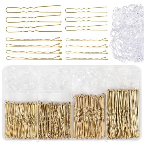 370 Pièces Epingle Cheveux Femme, Métal épingle à Cheveux, 5cm 6cm 7cm U Pince a Chignon Pinces à Cheveux, pouce Bandes de Cheveux Transparentes, avec Boîte de Rangement- Dorées
