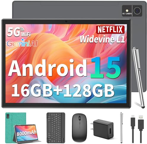 Suicoey Android 15 Tablet with Keyboard - 10 inch Tablet, 16GB+128GB, 1TB Expand, Octa-Core, 2.4G/5G WiFi, 8000mAh, BT V5.0, GMS Certified, Widevine L1, Split Screen, with Case