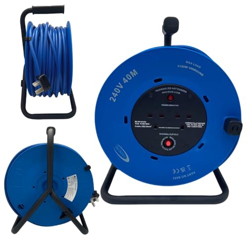 CONNEXION 40m Cable Reel Extension Lead 13amp Twin Sockets 240V Heavy Duty 2.5mm Cable Made in UK Carry Handle Thermal Cut Out and Power Indicator ideal for Home, Garden, Industrial and Domestic Use