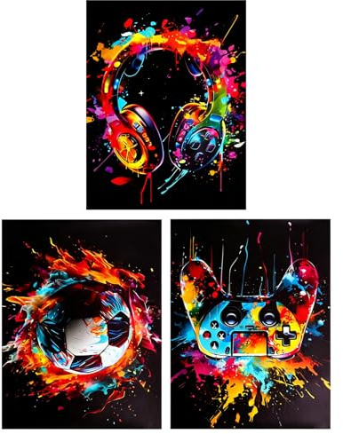 FIUTEKO 3 Quadri Decorativi Camera da Letto Ragazzi,Stampe Graffiti Colorate Poster da Parete 30x40 cm Senza Cornice con Pallone, Cuffie e Gamepad - per Camerette, Stanze Gaming e Teen Room
