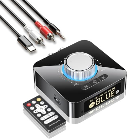 KZARYVEXIS Adattatore audio Bluetooth 6.0 HiFi, trasmettitore/ricevitore con display LED, 2RCA/3.5mm AUX, riproduzione USB/TF e chiamate in vivavoce, per Smartphone/Home Cinema/Auto/TV/PC/Altoparlanti
