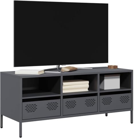 YUOTYRKTEJRSG TV-Schrank Anthrazit Industrie Stil mit 3 Schubladen, Kaltgewalzter Stahl Möbel 101.5 cm für Wohnzimmer Schlafzimmer, Stabiles TV-Rack mit verstellbaren Füßen und großem Stauraum