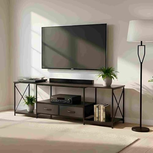 Warmiehomy TV Stand Cabinet TV Unit with 2 Drawers 160X40X53cm,Black | Warmiehomy TV Cabinet 160CM with 2 Drawers TV Bench with Open Storage Shelves TV Table Industrial TV Units for Living Room