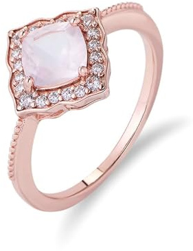 Womens Engagement Ring Rose Gold, Eternity Ring Square with Rose Quartz and Diamond Au375 9K Rose Gold Band Size U 1/2