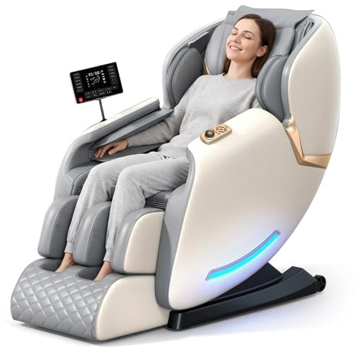 LFFTBK Profi Massagesessel mit SL-Track, Zero-Gravity Ganzkörpermassage Sessel mit Heizfunktion & Fußrollen, Elektrischer Relaxsessel aus Eco-Leder, Stressabbau,Ergonomisch(White)