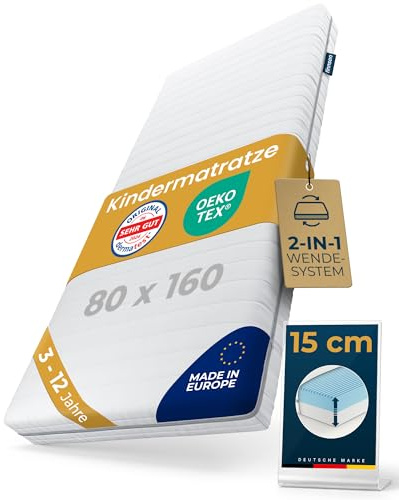 Kindermatratze 80x160 cm für Kinderbett und Jugendbett, Kinder Matratze | 2-1 System, mitwachsend ab 3 Jahre, Oeko-Tex und Dermatest Zertifiziert, 15 cm Komfortschaum RG28, Made in Europe