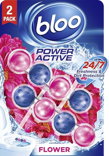 Bloo Power Active Toilet Rim Block Fresh Flowers, with Anti-Limescale, Cleaning Foam, Dirt Protection and Extra Freshness - Pack of 2 Rimblocks