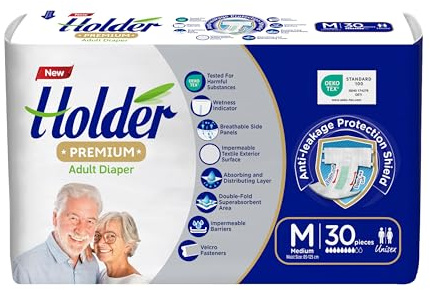 Holder Premium Auslaufsichere, saugfähige Unisex-Einwegwindeln für Erwachsene, elastische, atmungsaktive Seitenteile, super saugfähige Doppelschicht, Nässeindikator, 5-Sterne-Dermatest-Schutz, Medium
