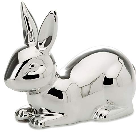große Deko Hasen Figur Porzellan 18 cm - glänzender liegender Osterdeko Hase - Silberne Osterhase Frühjahresdeko zum hinstellen