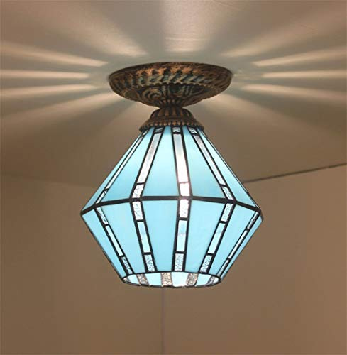 Tiffany Styled Vintage Blue Lantern Ceiling Light, Semi-Flush Mounted Retro Style E27 Industrial Ceiling Light Fixture,Stained Glass Lampshade for Bedroom Living Room Hallway