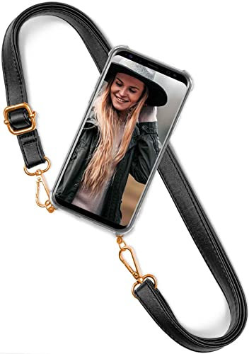 ONEFLOW Handykette 'Twist Strap' kompatibel mit Xiaomi Redmi Note 8 Pro Hülle zum Umhängen transparent, Handyhülle mit Band Vegan Leder, Silikon Schutzhülle Kette abnehmbar - Schwarz