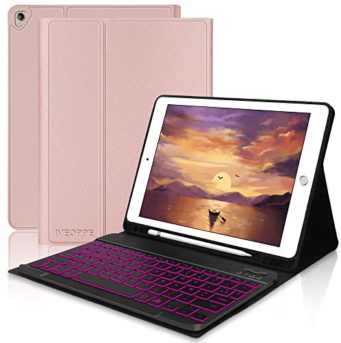 IVEOPPE Clavier pour iPad 9eme 2021/8eme 2020/7eme 2019 10.2/Pro 10.5/Air 3, Coque Clavier Wireless Rétroéclairé sans Fil Bluetooth Français, Étui Clavier Amovible, Or Rose