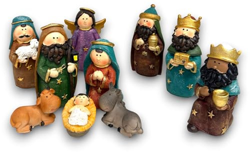 KORAT Set Natività 10 Pezzi 12 cm Presepe Colorato in Resina con Re Magi, Pastore, Angioletto, Maria, Giuseppe, Gesù Bambino, Bue e Asinello Decorazione Natalizia Artigianale da Tavolo, Natale