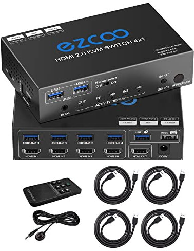 KVM Switch HDMI USB 3.0 4 Ports with Hotkey 4K 60Hz 18Gbps Share 4 Computers with one Keyboard Mous HDR D-olby Vision HDCP2.2 Remote Control