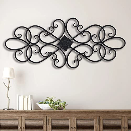 Sintosin Black Wrought Iron Wall Decor 32 x 13, Hanging Flower Scroll Metal Wall Art Decor, Living Room Wall Decor, Vintage House Decorations for Indoor Outdoor Fireplace Bedroom
