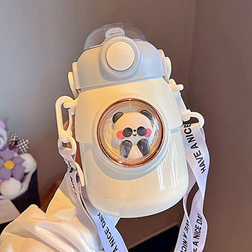 TIAASTAP Kawaii - Botella de agua con popote, 700 ml, acero inoxidable, a prueba de fugas, aislada, para bebidas calientes y frías (panda blanco)