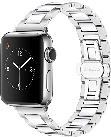 YISIWERA 49mm 45mm 44mm 42mm Armband Kompatibel für Apple Watch Weiß Keramik Silber Metall Armband 38mm 40mm 41mm Edelstahl Ersatzarmbänd für iWatch Series 9 8 7 6 5 4 3 2 1 SE für Frauen Männer