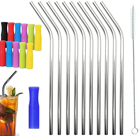 Strohhalme Edelstahl 10er Set gebogen mit Silikon Mundstücke und Reinigungsbürste, Strohhalme Edelstahl Cocktail Trinkhalme Wiederverwendbar Metallstrohhalme Röhrchen. keine Plastik Strohhalme
