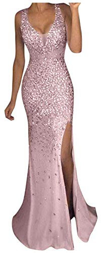 MaNMaNing Vestito da Donna Lungo Sexy in Oro con Scollo A V, Vestito da da Ballo, Vestito da Damigella d'Onore, Paillettes, Scollo A V Vestito Donna Elegante (Elegante 3-Rosa,M)
