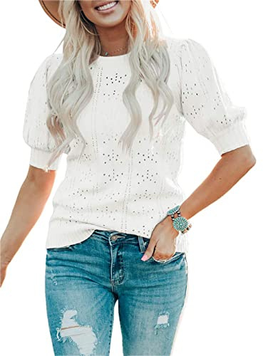 Jhsnjnr Women's Summer Jumpers Lightweight Knit Pullover Blouses Puff Short Sleeve Sweaters Tops White