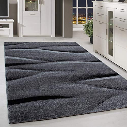 HomebyHome Teppich Wohnzimmer 240x340 cm Grau und Schwarz Abstrakt Wellen Design - Schlafzimmer Teppich Kurzflor Extra Weich Pflegeleicht Teppiche Waschbar Küche Esszimmer - Carpet Living Room