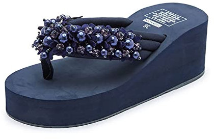 Teceyfeet Zehentrenner Damen Sandalen Rutschfestes Bohemia Sommer Slides Slipper Mädchen Perlenblüten Sandaletten mit Keilabsatz 3cm, Strand Sandalen Elegant Slipper Mädchen GR 35-42