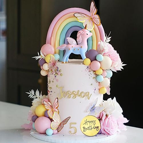 47 PCS Unicorn Cake Toppers - Rainbow Cake Decorations with Butterflies, Balls & Happy Birthday Designs for Boys & Girls