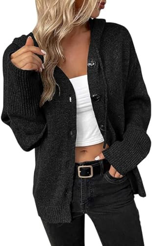 WINARA Cardigan pour Femme, Automne et Hiver, en Tricot, Ample et Doux, Manteau avec Capuche, léger, Ouvert sur Le Devant, Noir, XL